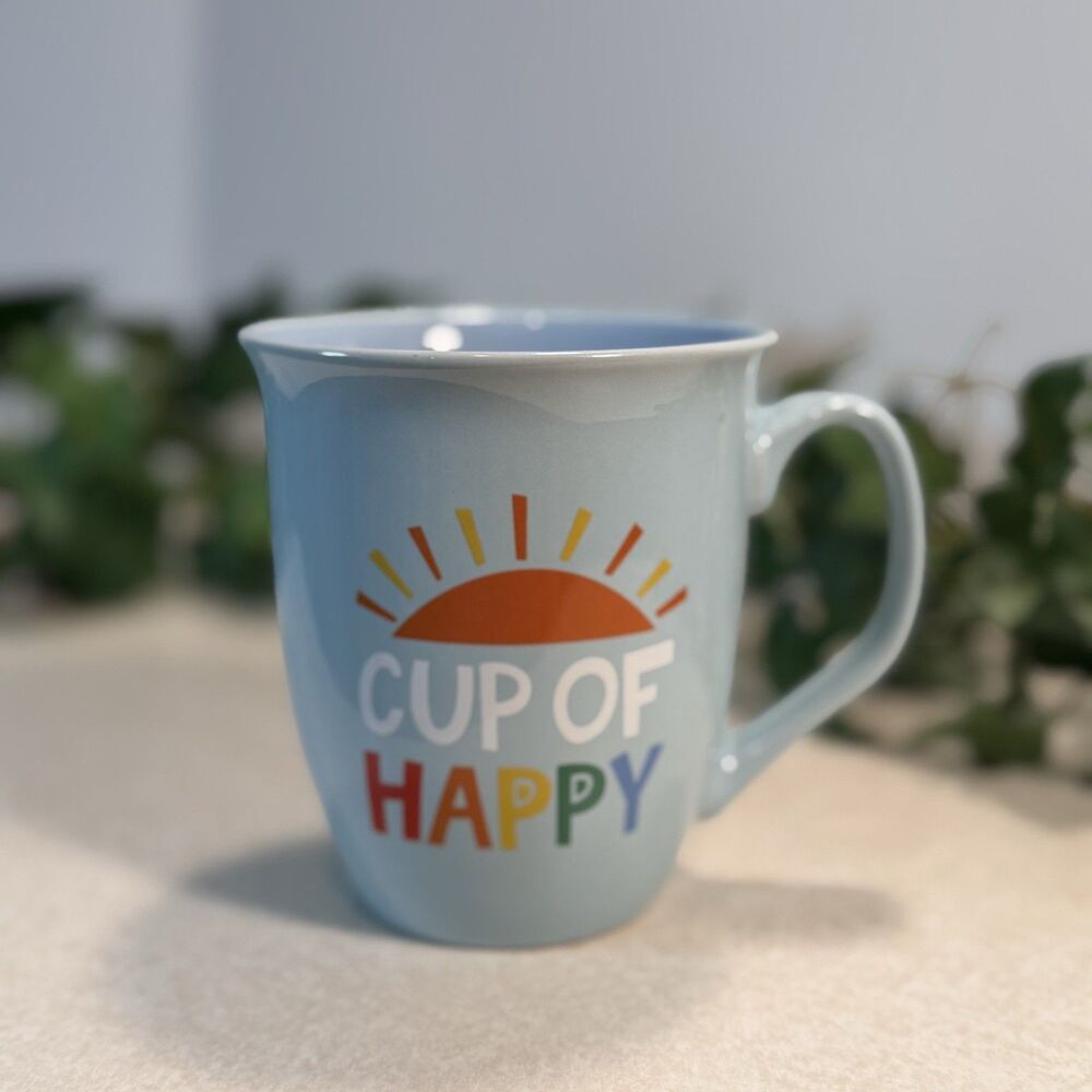 “CUP Of HAPPY” Mug 14 Oz Blue Ceramic Coffee Sunshine Motivational Wake-up Fun